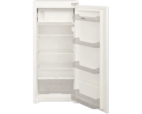 Geöffneter Kühlschrank mit Regalen und Türfächern