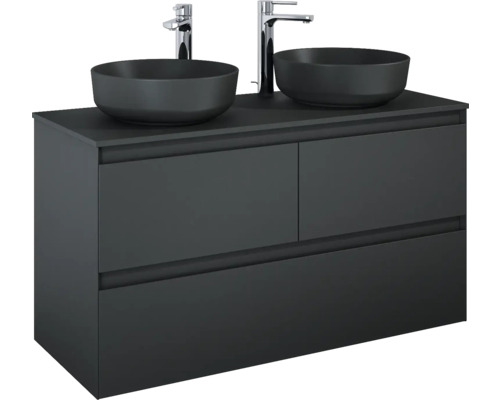 Waschtischunterschrank mit zwei Aufsatzwaschbecken und zwei Armaturen