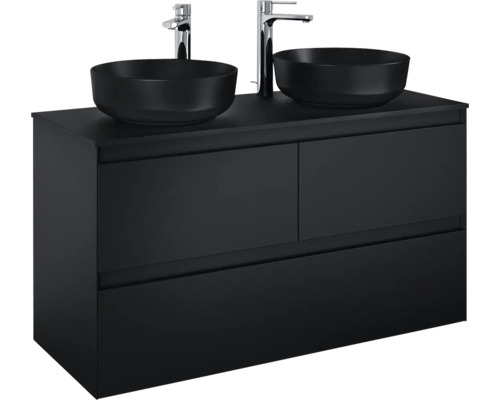 Waschtischunterschrank mit zwei Aufsatzwaschbecken und Armaturen