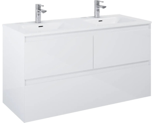 Waschtischunterschrank mit zwei Waschbecken und zwei Armaturen
