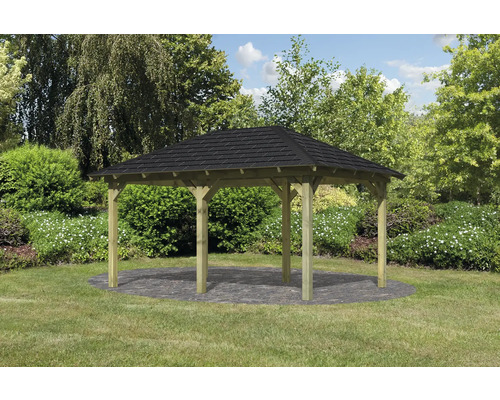 Holzpavillon mit schwarzem Dach im Garten
