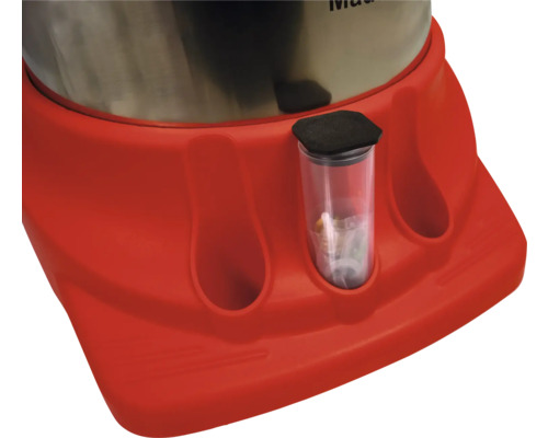 Detailansicht eines Staubsaugers mit roter Basis und durchsichtigem Behälter