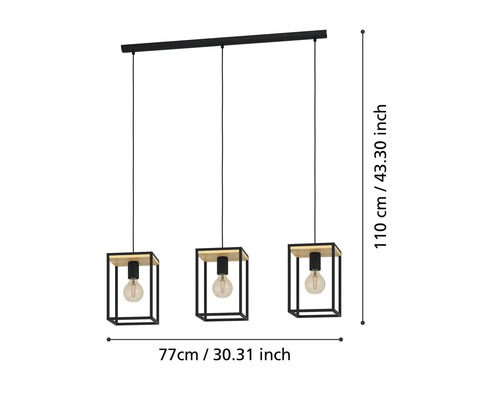 Hängelampe mit drei Leuchten, Metall und Holz, 77 mal 110 Zentimeter