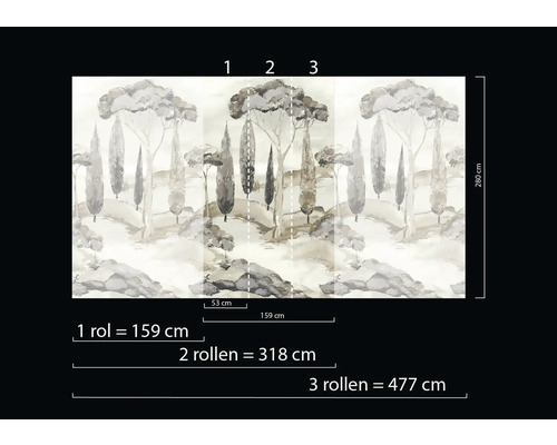 Tapete mit Baumlandschaft und Maßangaben
