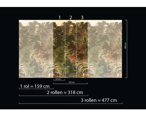 Fototapete mit Waldmotiv und Größenangaben