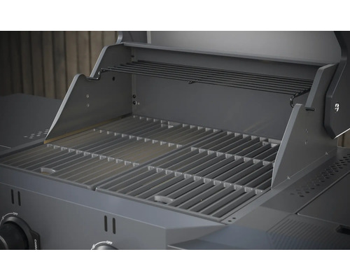 Geöffneter Gasgrill mit Grillrost und Warmhalterost