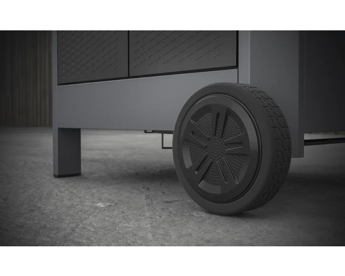 Detailaufnahme von einem grauen Werkstattschrank mit Rad