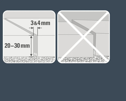 Illustration der korrekten Fugenbreite von 3 und 4 Millimetern sowie einer Fugentiefe von 20 bis 30 Millimetern.
