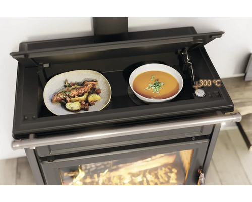 Holzofen mit Speisen auf der Kochfläche