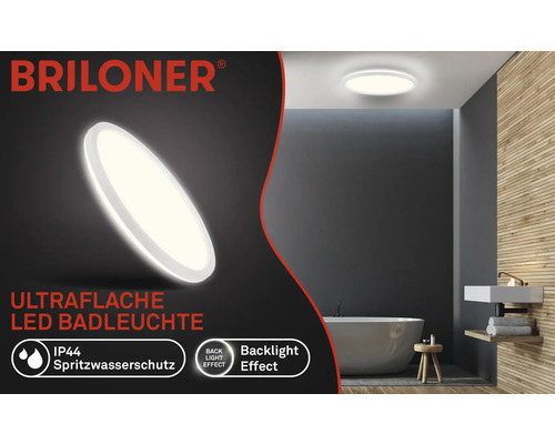 Briloner Logo. Badezimmer mit einer ultraflachen LED Badleuchte mit Spritzwasserschutz und Backlight Effekt.