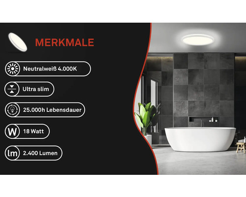 Flache Deckenleuchte mit neutralweißem Licht in einem Badezimmer