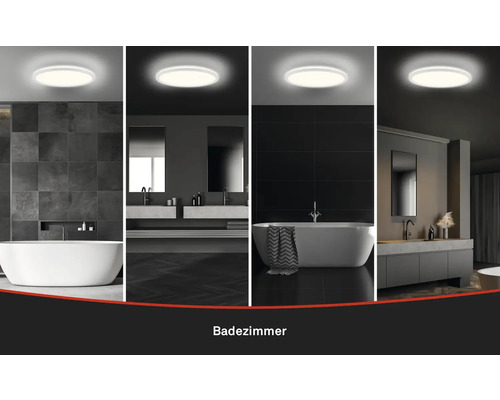 Badezimmer mit Deckenleuchte und verschiedenen Sanitärobjekten