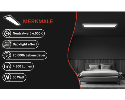 Deckenleuchte mit neutralweißem Licht, Backlight Effekt, 25000 Stunden Lebensdauer, 4800 Lumen und 36 Watt Leistung im Schlafzimmer.
