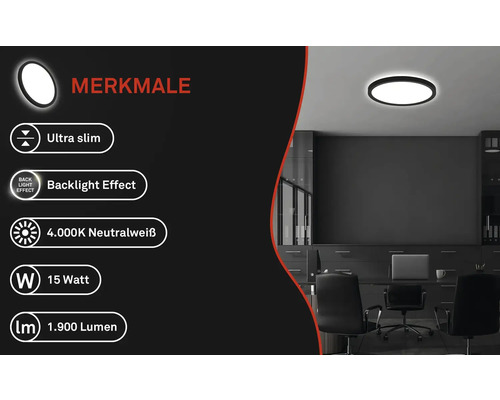 Schwarze LED Deckenleuchte mit den Produkteigenschaften: Ultra Slim, Backlight Effekt, 4.000K Neutralweiß, 15 Watt und 1.900 Lumen.