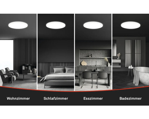 Collage mit einer Deckenleuchte in einem Wohnzimmer, Schlafzimmer, Esszimmer und Badezimmer.