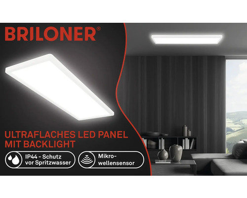 Flaches LED-Panel mit Hintergrundbeleuchtung im Wohnzimmer, Briloner Logo, IP44-Schutz, Mikrowellensensor