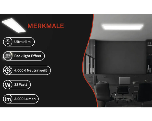 Produktmerkmale einer Bürolampe: Ultraflaches Design, Backlight Effekt, 4000 Kelvin neutralweiß, 22 Watt, 3000 Lumen