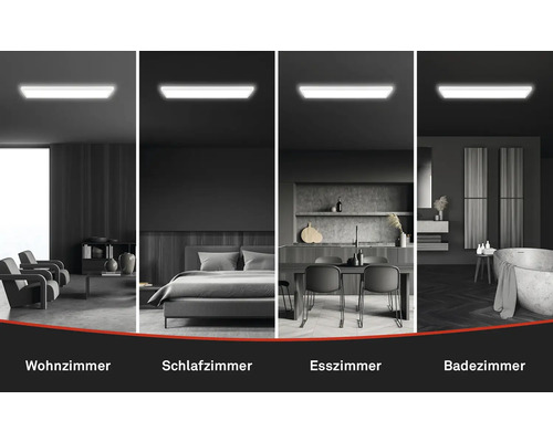 Collage von Innenräumen: Wohnzimmer, Schlafzimmer, Esszimmer und Badezimmer mit Deckenleuchte.