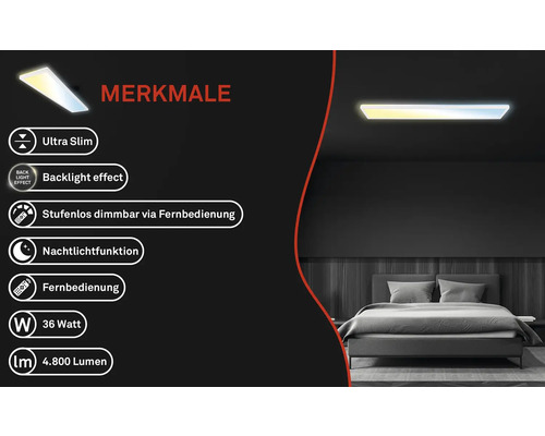 Flache Deckenleuchte mit Dimmfunktion und Nachtlichtfunktion im Schlafzimmer