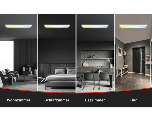 Collage verschiedener Räume mit Deckenleuchte: Wohnzimmer, Schlafzimmer, Esszimmer und Flur.