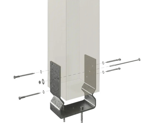 Pfostenträger mit Schrauben und Scheiben zur Befestigung eines Holzpfostens.