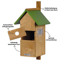 Vogelhaus aus Holz mit grünem Dach, austauschbaren Einfluglochgrößen und abnehmbarer Front