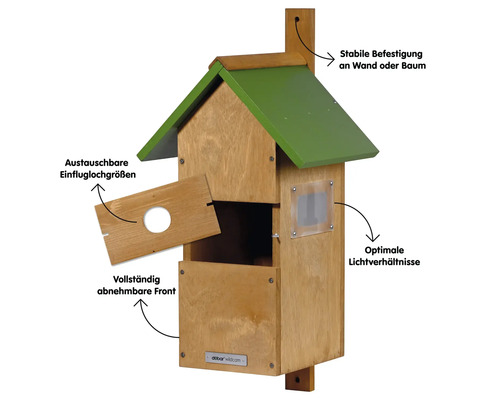 Vogelhaus aus Holz mit grünem Dach, austauschbaren Einfluglochgrößen und abnehmbarer Front
