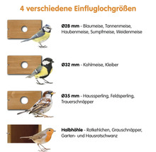 Informationen zu verschiedenen Einfluglochgrößen für Vogelhäuser und passende Vogelarten.