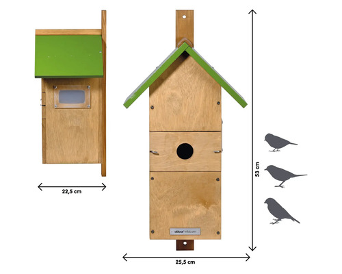 Vogelhaus aus Holz mit den Maßen 22,5 cm x 25,5 cm x 53 cm