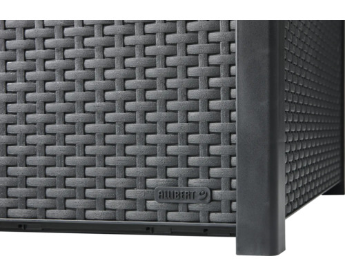 Detailansicht einer Aufbewahrungsbox mit Rattanmuster und Allibert Logo