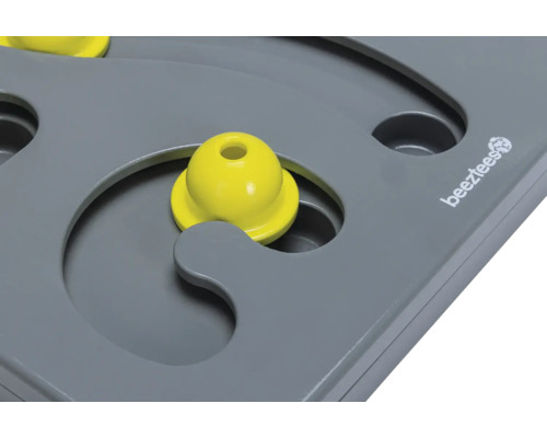 Graues Intelligenzspielzeug für Hunde mit gelben Elementen und Logo von Beeztees