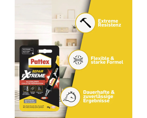 Pattex Repair Extreme Alleskleber mit den Eigenschaften extreme Resistenz, flexible und starke Formel sowie dauerhafte und zuverlässige Ergebnisse.