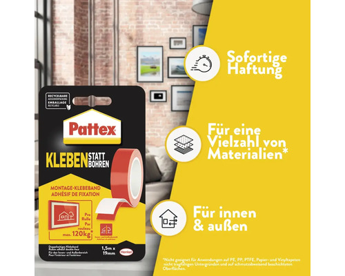 Pattex Montageklebeband mit sofortiger Haftung für verschiedene Materialien