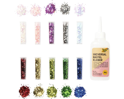 Bastelset mit Glitzer in verschiedenen Farben und Universal Bastelkleber