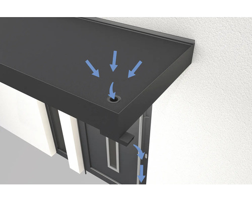 Illustration einer Haustürüberdachung mit Wasserablauf