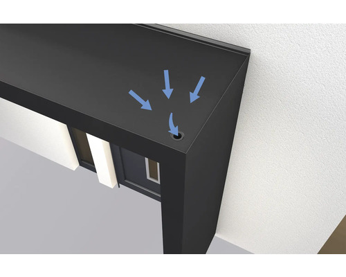 Regenwasserablauf eines Vordachs mit Pfeilen, die den Wasserfluss darstellen