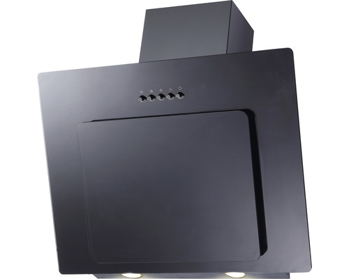 Schwarze Dunstabzugshaube mit Bedienelementen und Beleuchtung