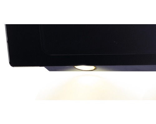 Detailansicht einer schwarzen Dunstabzugshaube mit integrierter Beleuchtung