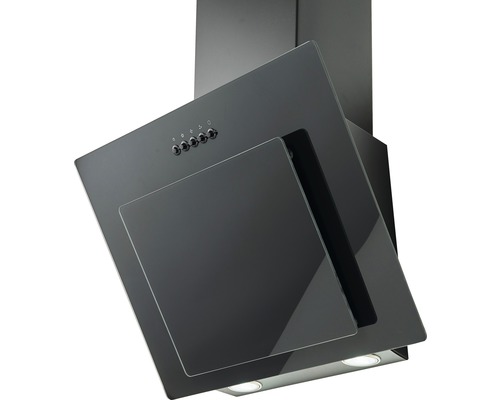 Schwarze Dunstabzugshaube mit Bedienelementen und Beleuchtung