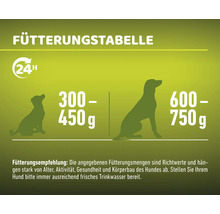 Fütterungstabelle mit Fütterungsempfehlung und Angaben zur Futtermenge für Hunde
