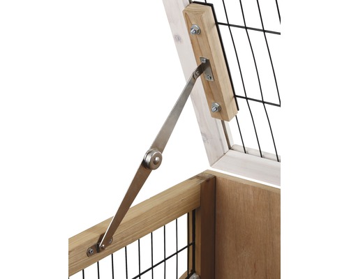 Detailansicht eines Holzartikels mit Metallstütze und Gitterstruktur