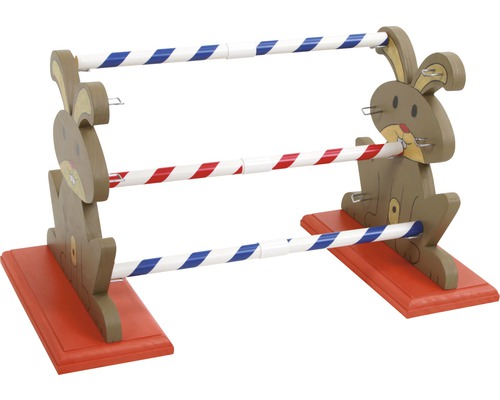 Hürde für Kleintiere mit Hasenmotiven und rot-weiß beziehungsweise blau-weiß gestreiften Stangen