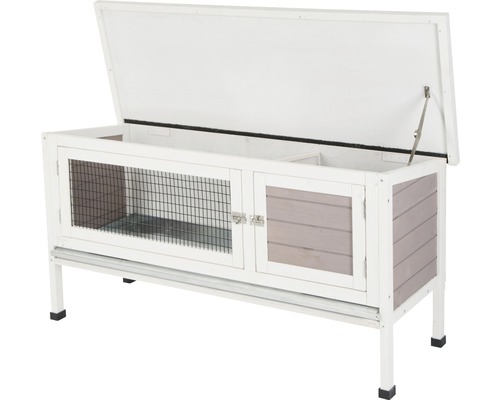 Kaninchenstall aus Holz mit Gittertür und offener Oberseite