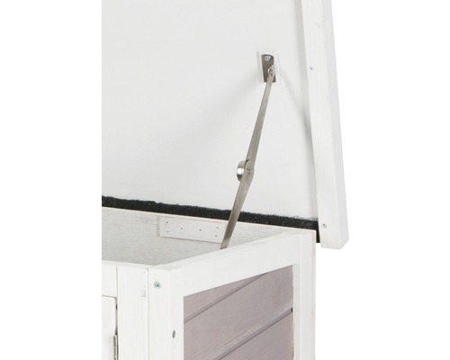 Detailansicht einer geöffneten Holzgartenbox mit Deckelstütze