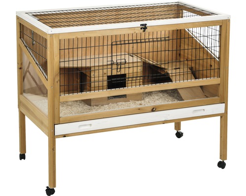 Holz Kleintierstall mit Gitter und Schublade auf Rollen