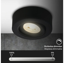Schwarze Deckenleuchte mit stufenloser Dimmfunktion.