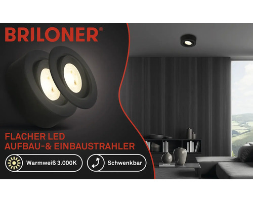 Briloner Logo. Flacher LED Aufbaustrahler und Einbaustrahler in einem Wohnzimmer.