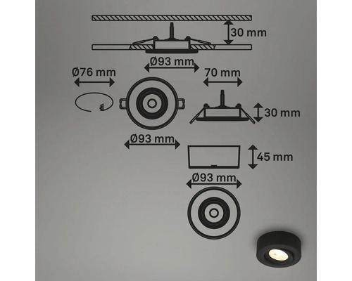 Technische Zeichnung einer runden Einbauleuchte mit Maßangaben
