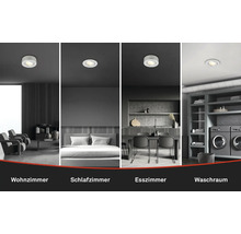 Anwendungsbeispiele für Einbaustrahler in Wohnzimmer, Schlafzimmer, Esszimmer und Waschraum