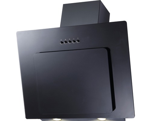 Schwarze Dunstabzugshaube mit Bedienknöpfen und Beleuchtung